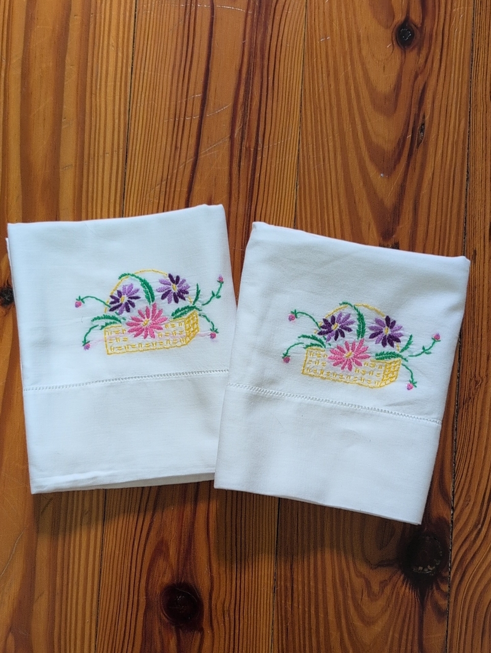 Vintage White Embroidered Floral Basket Pillowcase Set of 2